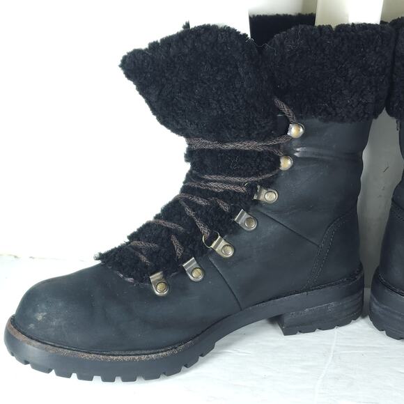 UGG Women's Fraser US7 Black Leather Lace Up Waterproof Mid Calf Shearling Boots - Picture 5 of 16